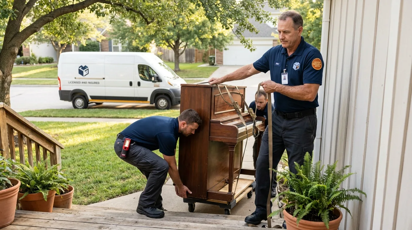 Licensed piano movers securing grand piano in Alburtis, PA
