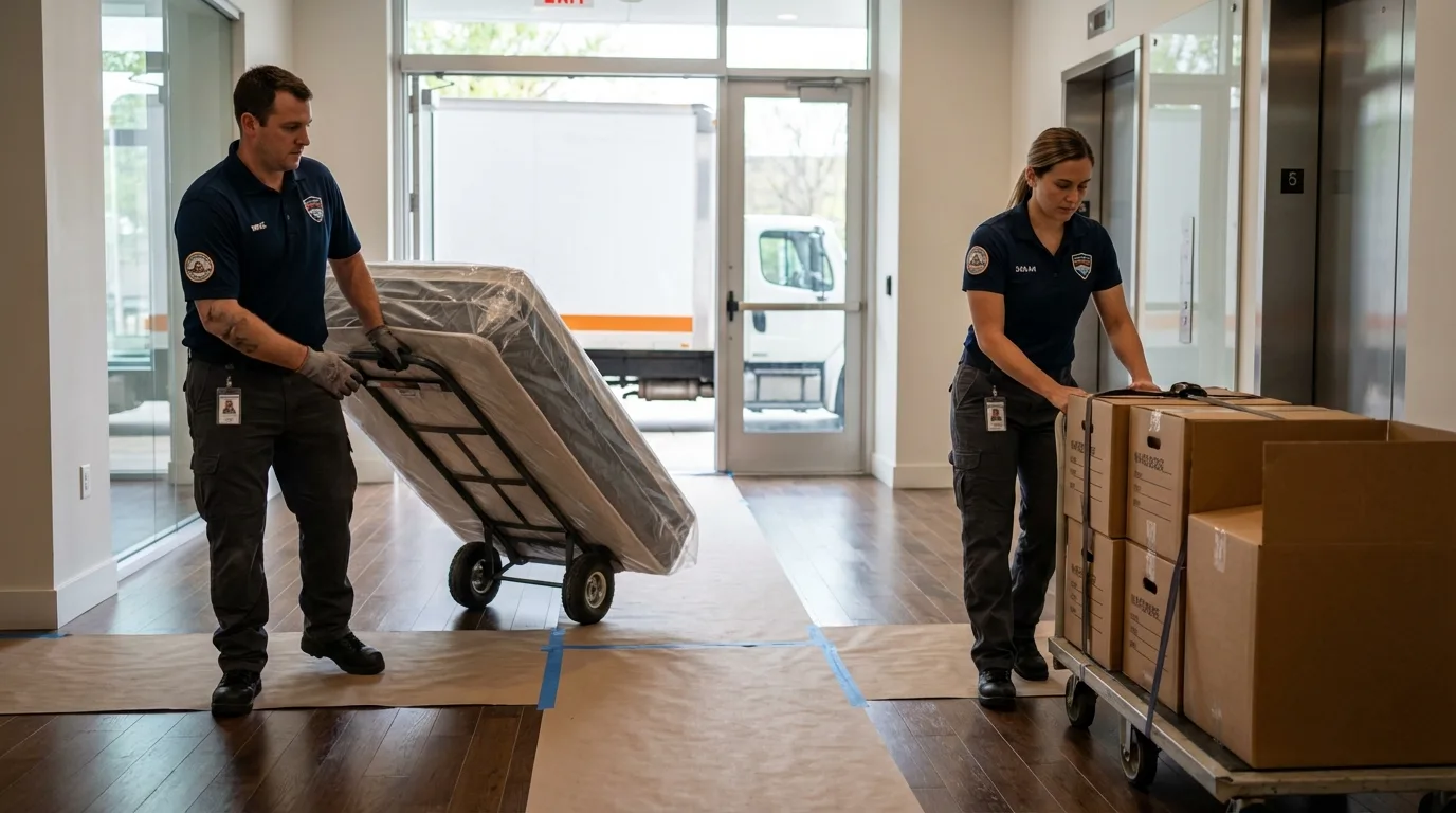 Professional apartment movers loading elevator in Alburtis, PA