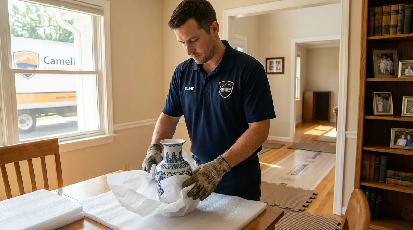 Professional crew carefully wrapping antique vase for senior downsizing move in Alburtis, PA